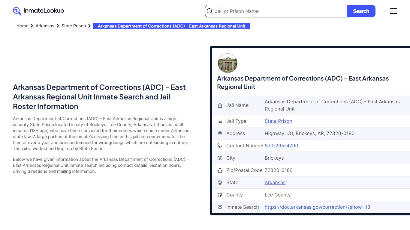 Arkansas Department of Corrections (ADC) - East Arkansas Regional Unit ...